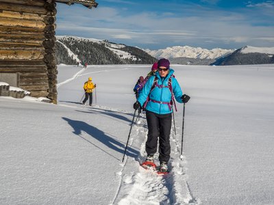 Lady wearing blue jacket snowshoeing with ski poles moving towards camera with wooden hut and snow-covered mountains in background