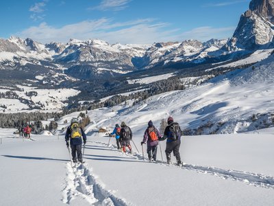 Backshot of group of walkers descending snow-covered hill using snowshoe equipment and ski poles while looking towards beautiful winter landscape of mountain range in the Dolomites, Italy