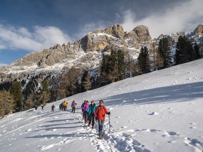 Curved line of people snowshoeing on slanted snow-covered hill moving towards camera with mountain in background on sunny day, St Zyprian, Dolomites, Italy