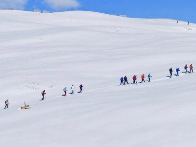 Group of people snowshoeing up snow-covered hill, Italy