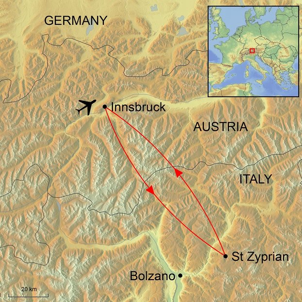 Graphic of map of St Zyrian In The Dolomites Ramble Worldwide walking holiday tour depicting surrounding area of Italy, Austria, and Germany