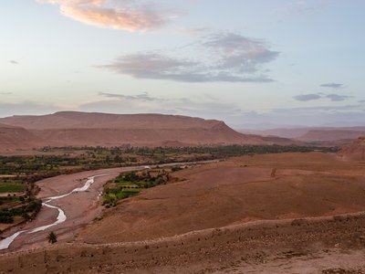 Landscape view of Draa valley with Draa river meandering through, Morocco