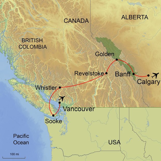 Map graphic of Canada and surrounding area for Ramble Worldwide walking holiday Canadian Rockies & Vancouver Island