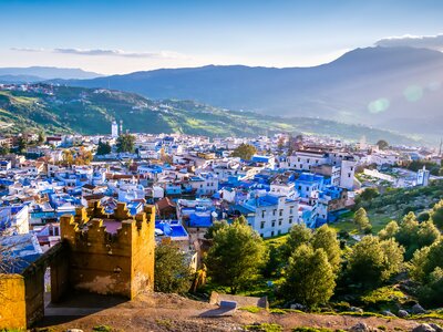 Sunny cityscape of blue city of Chefchaouen, Morocco, North Africa