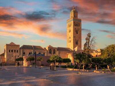 Sunrise view of Koutoubia Mosque from plaza, Marrakech, Morocco
