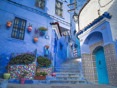 Street stairway with colourful patterns in blue city of Chefchaouen in Morocco, Africa